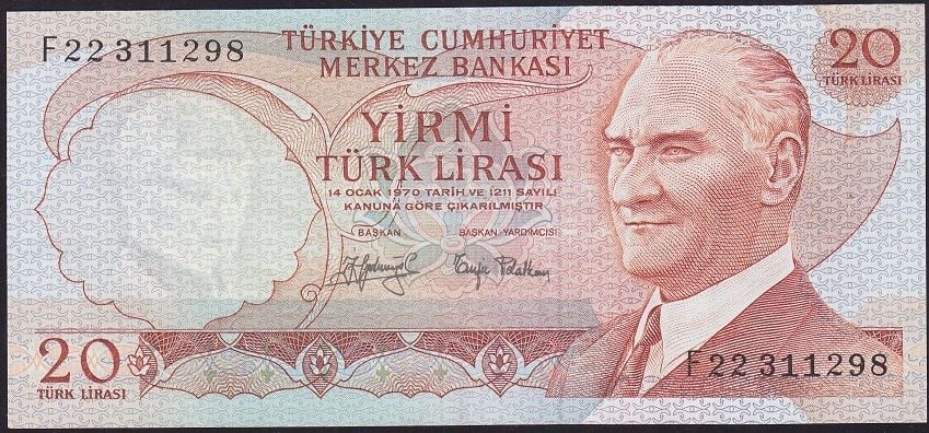 6.Emisyon 3.Tertip 20 Lira F22 311298 Çok Temiz+