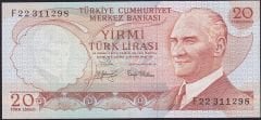 6.Emisyon 3.Tertip 20 Lira F22 311298 Çok Temiz+
