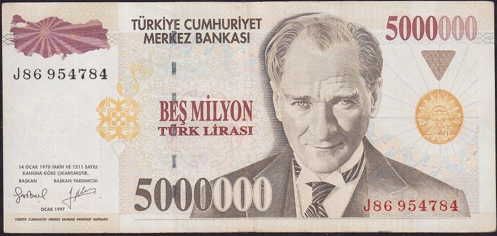 7.Emisyon 5 000 000 Lira J86 954784 Çok Temiz+