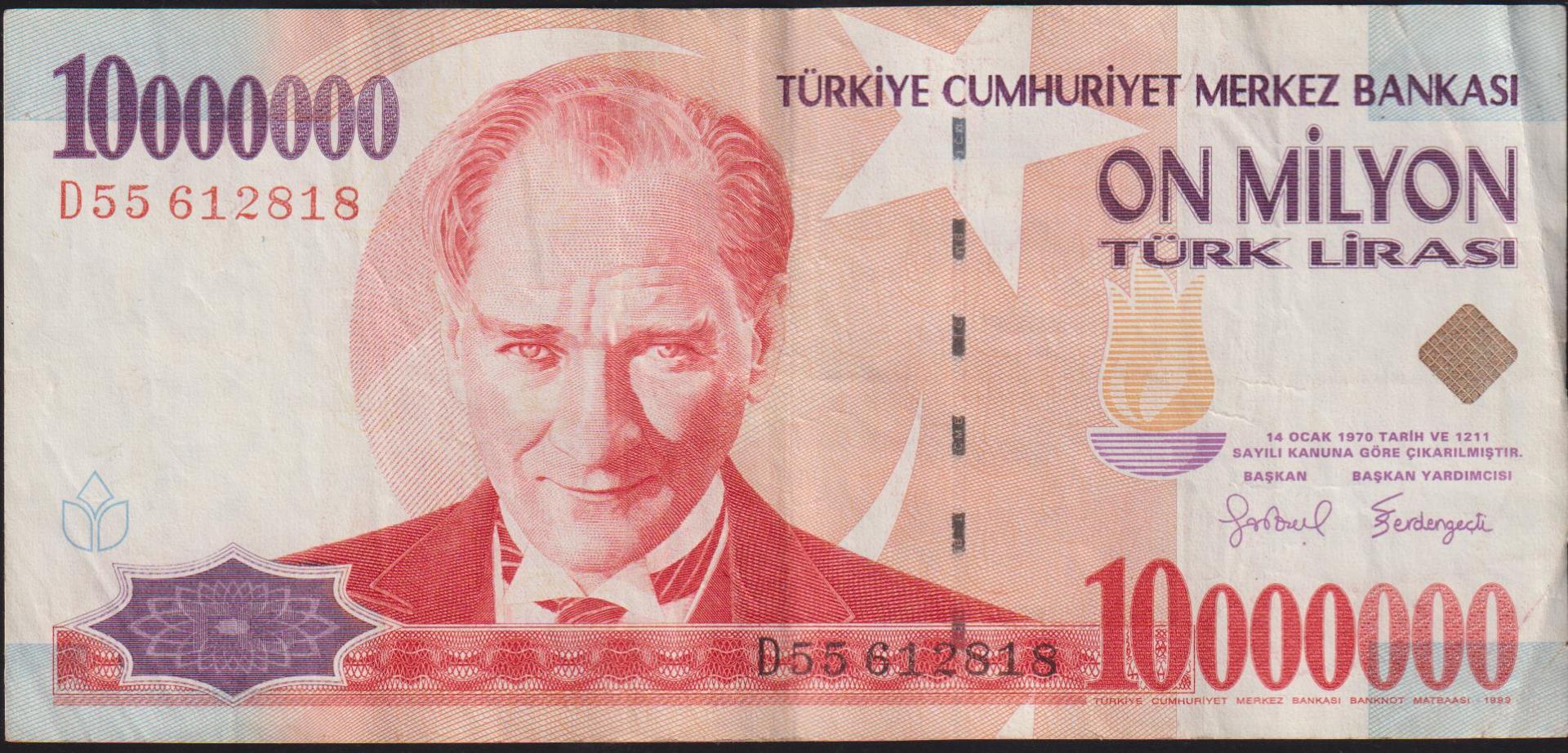 7.Emisyon 10 000 000 Lira D55 612818 Çok Temiz+