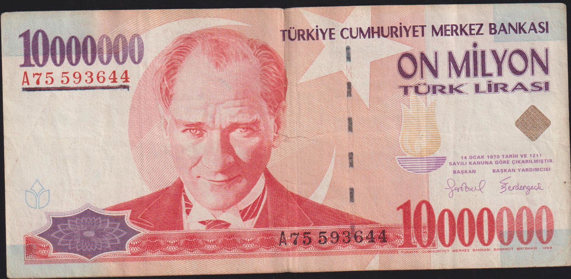 7.Emisyon 10 000 000 Lira A75 593644 Temiz+