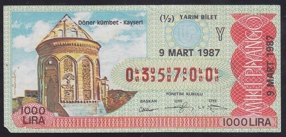 1987 9 MART YARIM BİLET Y SERİSİ