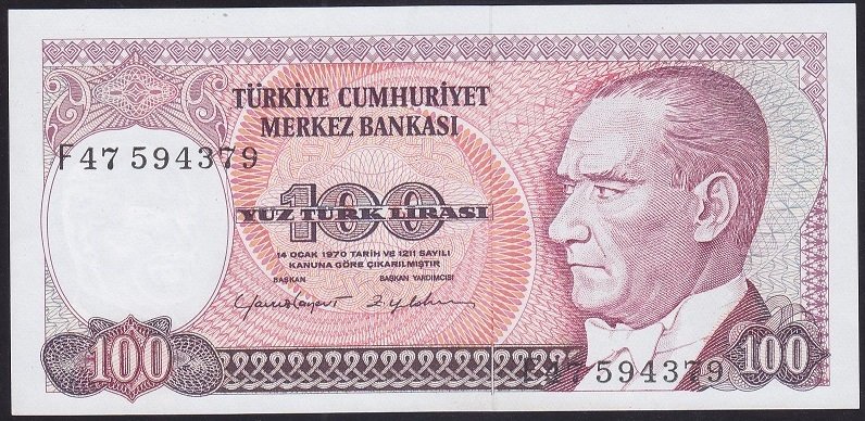 7.EMİSYON 2.TERTİP 100 LİRA F47 594379 ÇİL (AÇIKLAMAYI OKUYUNUZ)