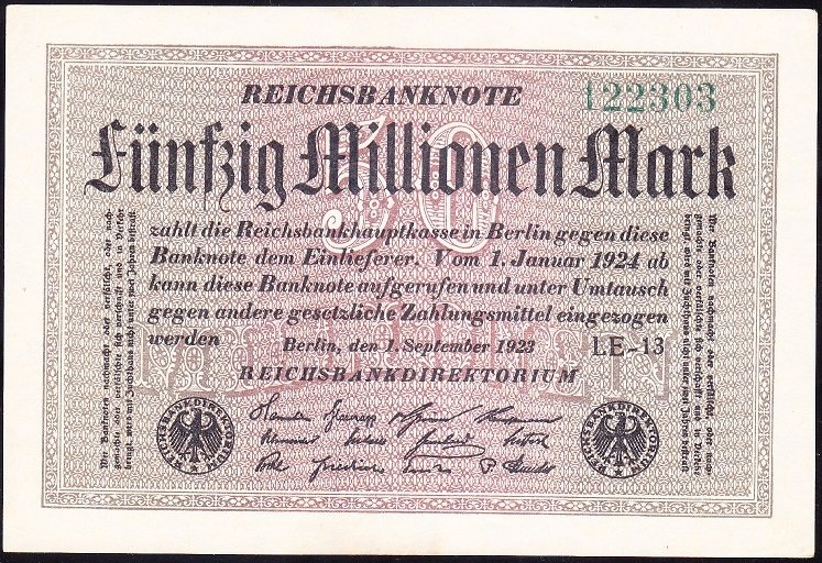 Almanya 50 000 000 Mark Çil  1923 Beyaz Kağıt ( Filigran Halka )