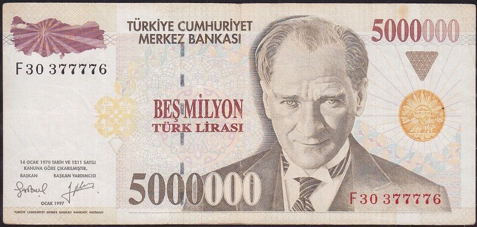 7.Emisyon 5 000 000 Lira F30 377776 Çok Temiz+