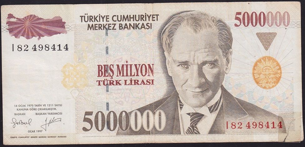 7.Emisyon 5 000 000 Lira I82 498414 Temiz (sağ alt kulakta bant kullanılmıştır)