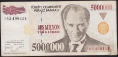 7.Emisyon 5 000 000 Lira I82 498414 Temiz (sağ alt kulakta bant kullanılmıştır)
