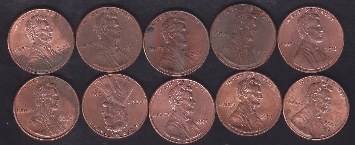 AMERİKA 1 CENT 2000-2000D-2001-2001D-2002D-2003-2004D-2005-2010-2011 YILLARI 10 ADET LOT