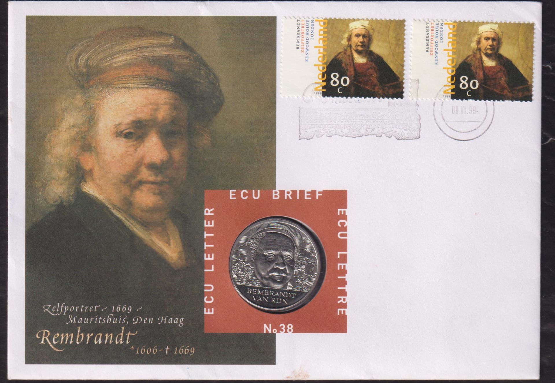 Hollanda 1 Ecu 1999 Folder Pullu ve Zarf Kapamada ( Rembrandt van Rijn)