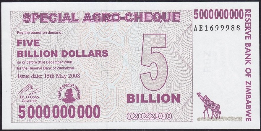 Zimbabwe 5 Milyar ( 5000000000 ) Dolar 2008 ÇİL Pick 61
