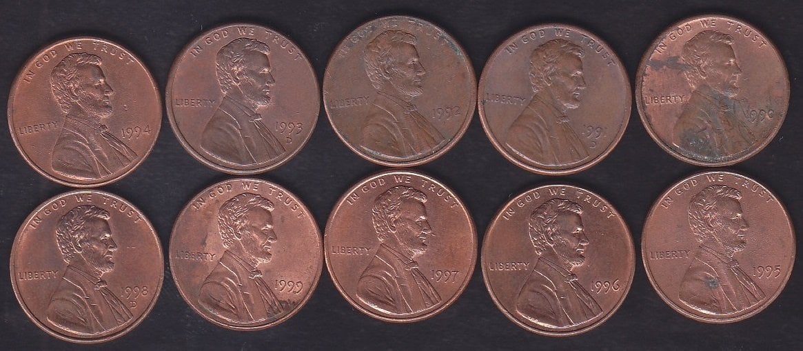 AMERİKA 1 CENT 1990-91-92-93-94-95-96-97-98-99 YILLARI 10 ADET LOT