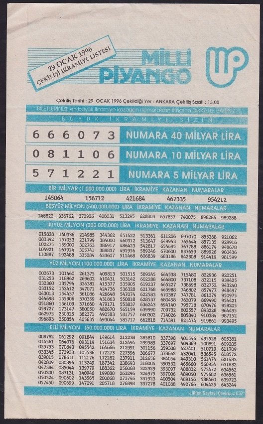 1996 29 OCAK PİYANGO LİSTESİ