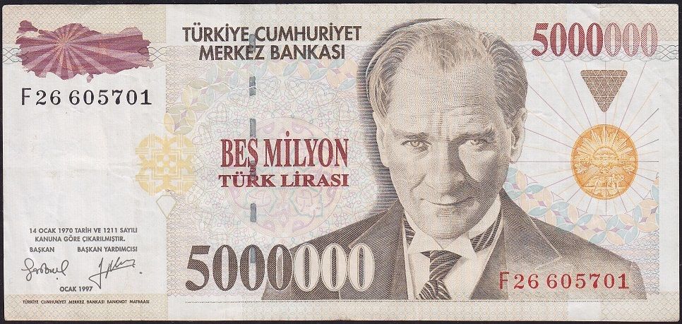 7.Emisyon 5 000 000 Lira F26 605701 Çok Temiz+