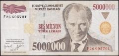7.Emisyon 5 000 000 Lira F26 605701 Çok Temiz+