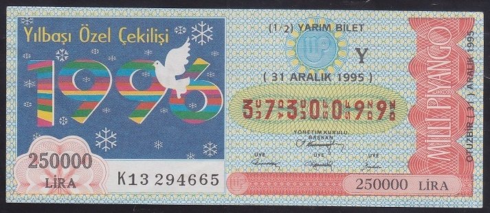 1995 31 ARALIK YARIM BİLET Y SERİSİ para eden eski paralar