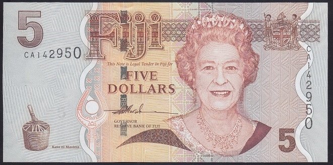 FİJİ 5 DOLAR 2007 ÇİL KRALİÇE  eski para alan yerler