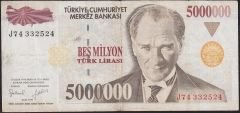 7.Emisyon 5 000 000 Lira J74 332524 Çok Temiz+