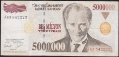 7.Emisyon 5 000 000 Lira J43 542222 Çok Temiz