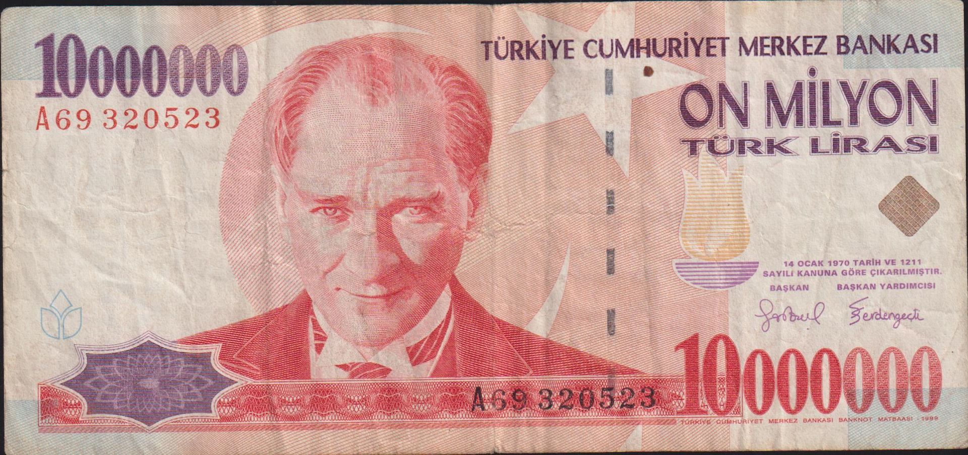 7.Emisyon 10 000 000 Lira A69 320523 Çok Temiz