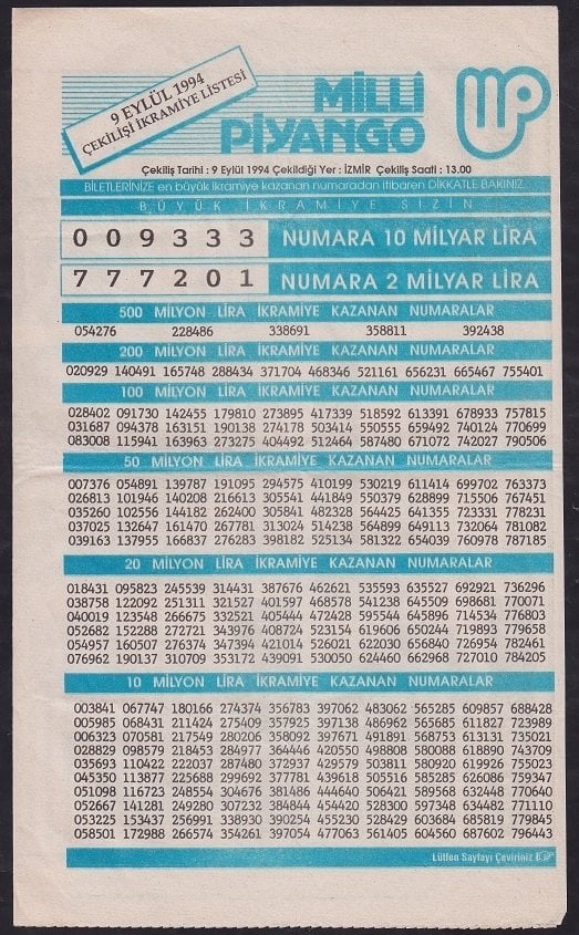 1994 9 EYLÜL PİYANGO LİSTESİ