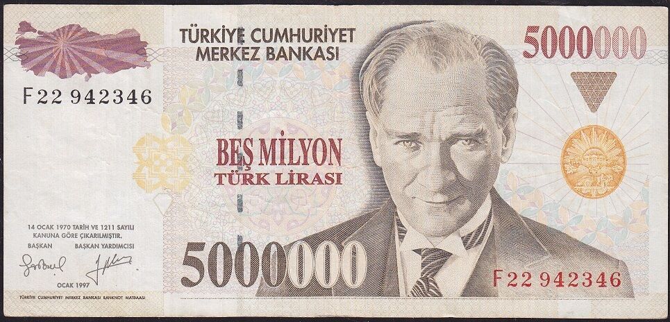 7.Emisyon 5 000 000 Lira F22 942346 Çok Temiz+