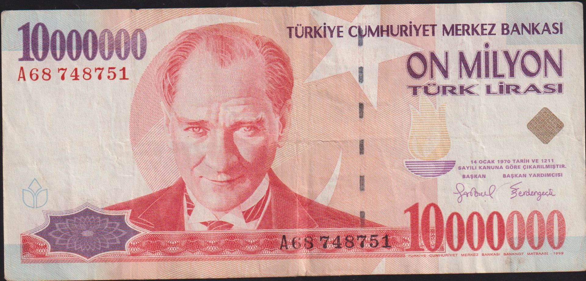 7.Emisyon 10 000 000 Lira A68 748751 Çok Temiz