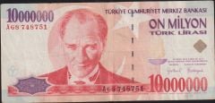 7.Emisyon 10 000 000 Lira A68 748751 Çok Temiz