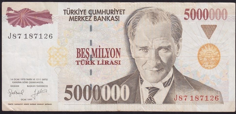 7.Emisyon 5 000 000 Lira J87 187126 Çok Temiz+