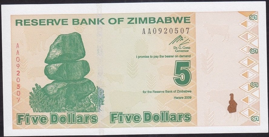 Zimbabwe 5 Dolar 2009 Çil AA Pick 93