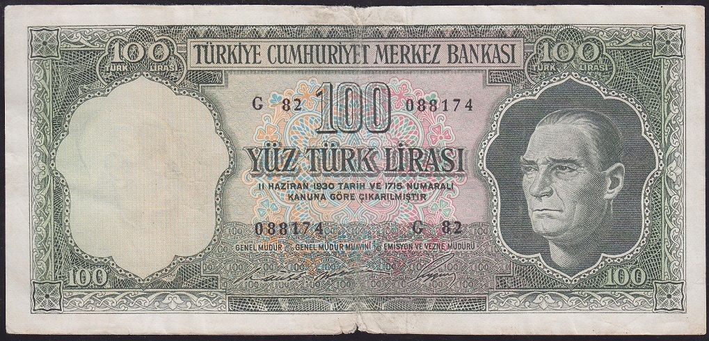 5.Emisyon 6.Tertip 100 Lira G82 088174 Temiz+ ( Kabartmalar Belirgin )