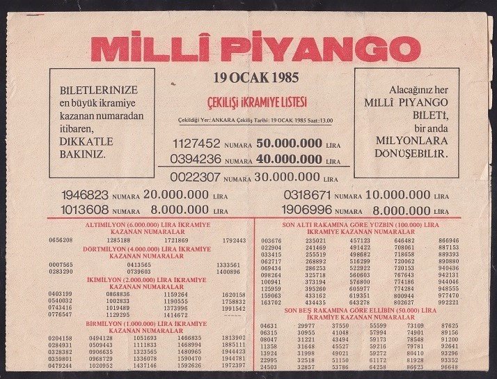 1985 19 OCAK PİYANGO LİSTESİ