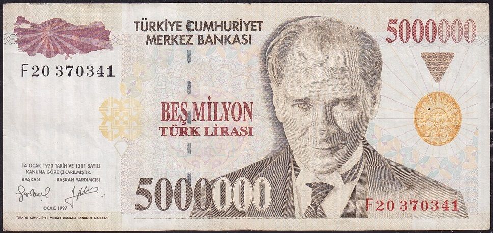 7.Emisyon 5 000 000 Lira F20 370341 Çok Temiz+