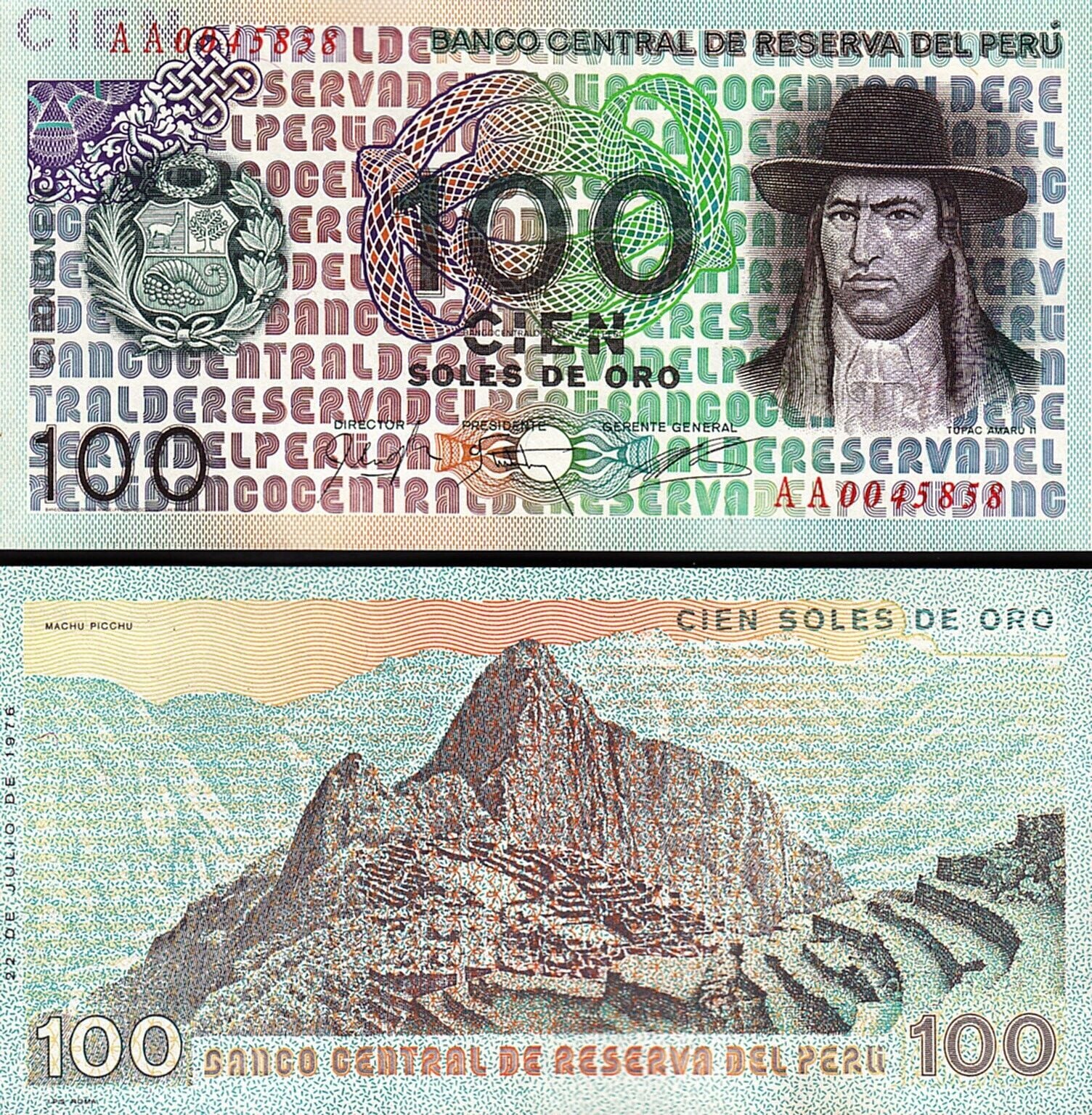 Peru 100 Soles 1976 Çil Pick 114 Prefix AA 00