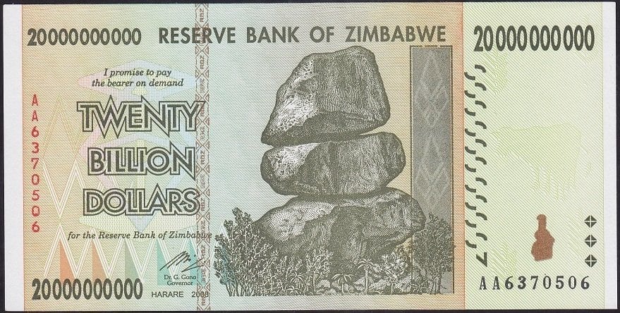 ZİMBABWE 20 MİLYAR (20 000 000 000 ) DOLAR 2008 ÇİLALTI eski kağıt para fiyatları