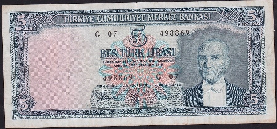 5.Emisyon 3.Tertip 5 Lira G07 498869 Çok Temiz