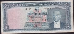 5.Emisyon 3.Tertip 5 Lira G07 498869 Çok Temiz