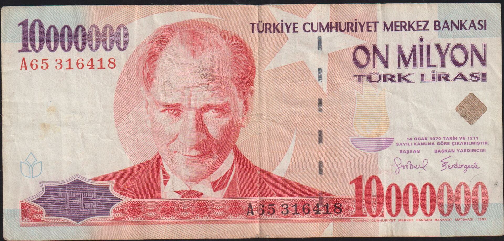 7.Emisyon 10 000 000 Lira A65 316418 Çok Temiz