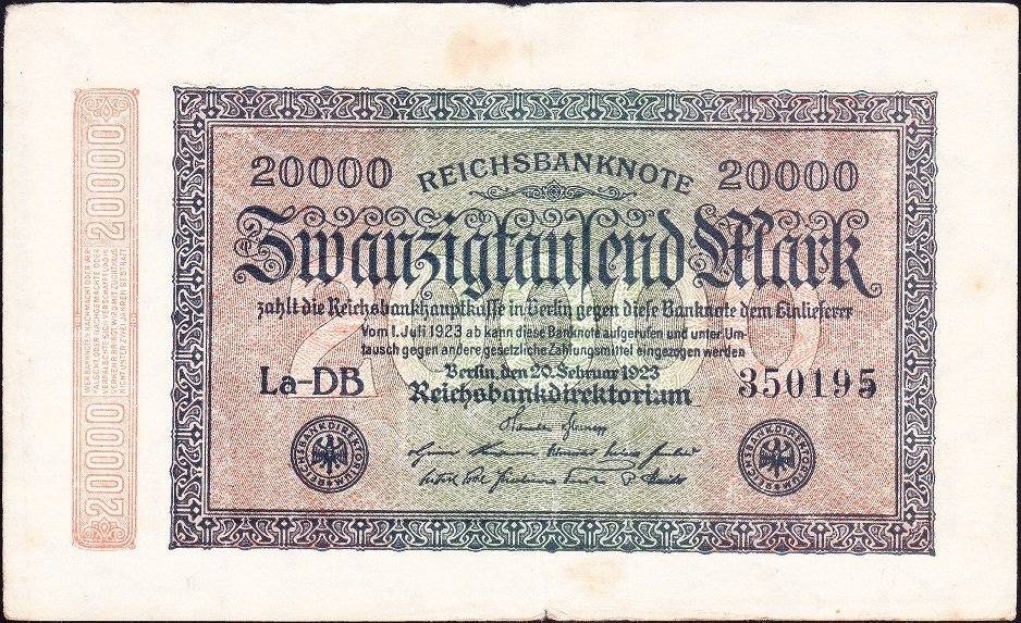 Almanya 20 000 Mark 1923 Çok Temiz +  ( Filigranı Kanca Yıldızlar ) 6 Rakam (R84e)