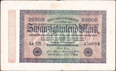 Almanya 20 000 Mark 1923 Çok Temiz +  ( Filigranı Kanca Yıldızlar ) 6 Rakam (R84e)