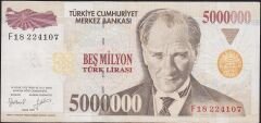 7.Emisyon 5 000 000 Lira F18 224107 Çok Temiz+