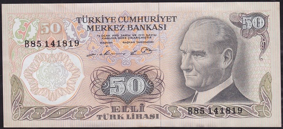 6.Emisyon 1.Tertip 50 Lira B85 141819 Çok Temiz+