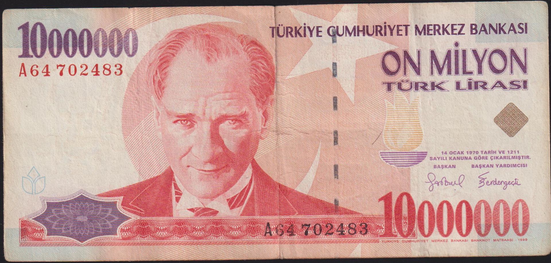 7.Emisyon 10 000 000 Lira A64 702483 Çok Temiz
