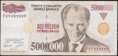 7.Emisyon 5 000 000 Lira F17 019187 Çok Temiz+