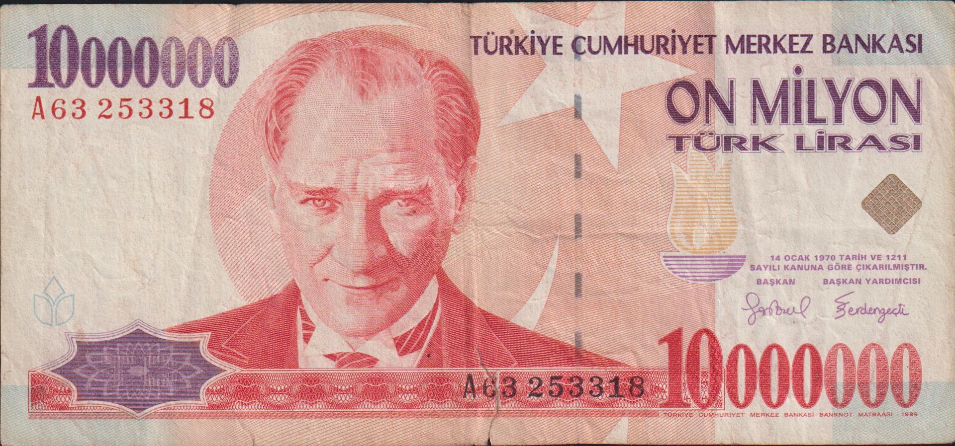 7.Emisyon 10 000 000 Lira A63 253318 Temiz
