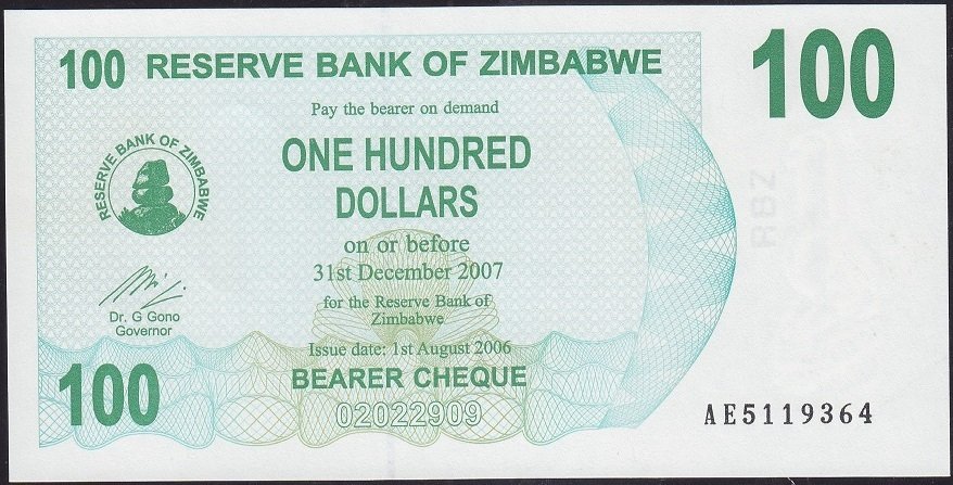 Zimbabwe 100 Dolar 2007 Çil Pick 42
