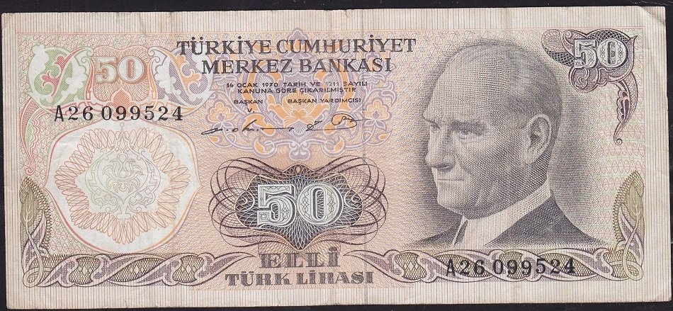 6.Emisyon 1.Tertip 50 Lira A26 099524 Çok Temiz