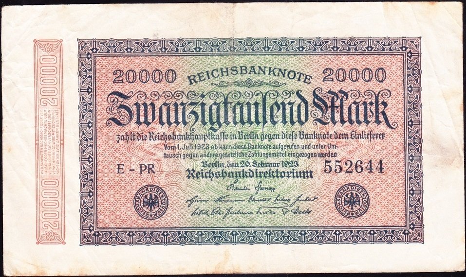 Almanya 20 000 Mark 1923 Çok Temiz + ( Filigranı Dalga ) 6 Rakam  (R84j)