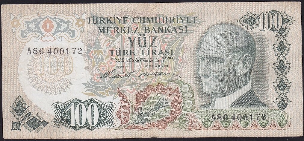 6.Emisyon 1.Tertip 100 Lira A86 400172 Çok Temiz