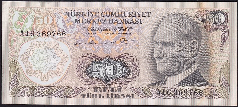 6.Emisyon 1.Tertip 50 Lira A16 369766 Çok Temiz+