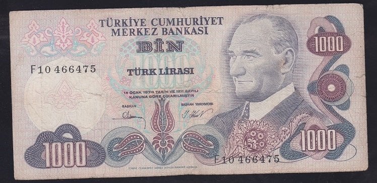 6.EMİSYON 3.TERTİP 1000 LİRA F10 466475 ÇOK TEMİZ